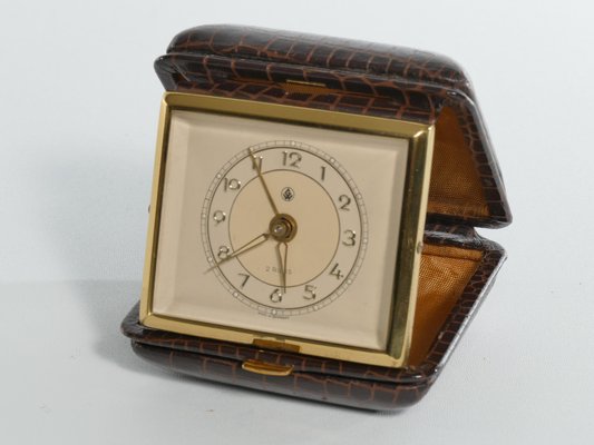 Travel Alarm Clock in Brass and Faux Snakeskin from G.W., Germany, 1950s-RUK-1758044