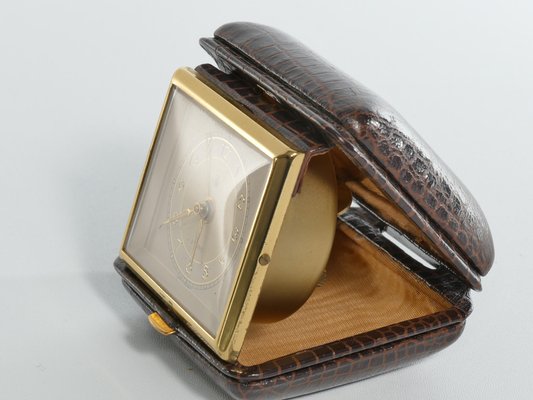 Travel Alarm Clock in Brass and Faux Snakeskin from G.W., Germany, 1950s-RUK-1758044