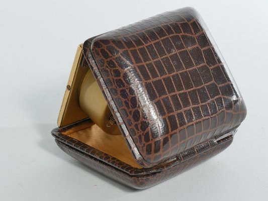 Travel Alarm Clock in Brass and Faux Snakeskin from G.W., Germany, 1950s-RUK-1758044