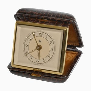 Travel Alarm Clock in Brass and Faux Snakeskin from G.W., Germany, 1950s-RUK-1758044