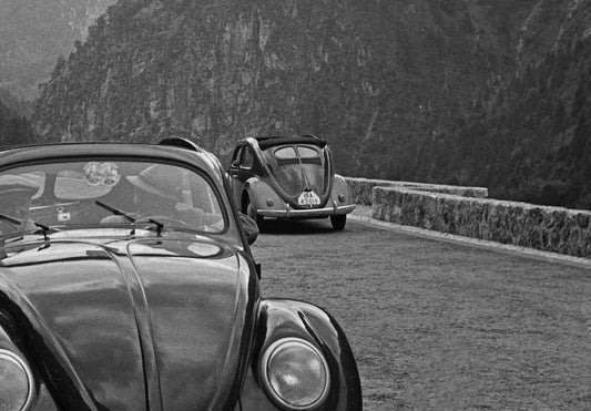 Travelling by Volkswagen Beetle Through Mountains, Germany, 1939, Photograph