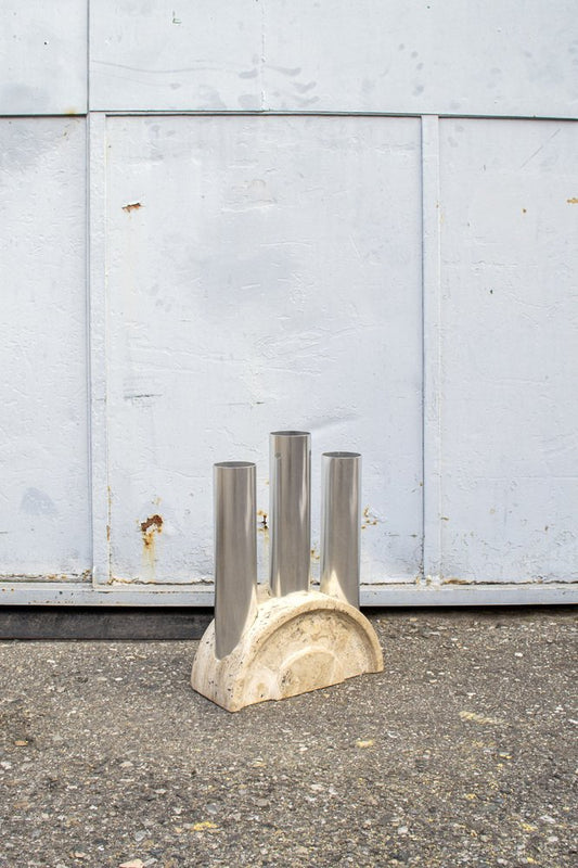 Travertine and Aluminum Umbrella Stand, Italy, 1970s