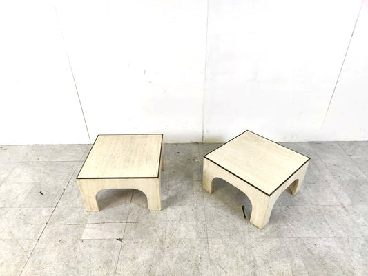 Travertine and Brass Coffee Tables, 1970s, Set of 2