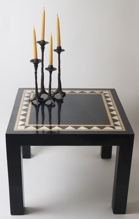 Travertine and Brass Stone Inlay Side Table by J.C. Mahey, 1970s