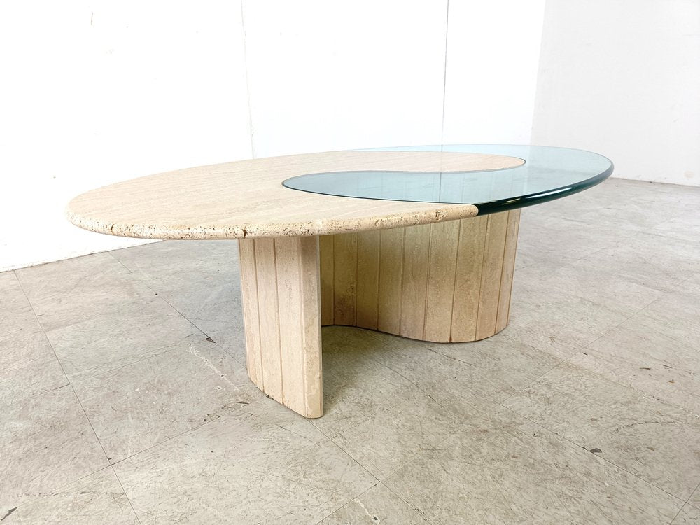 Travertine and Glass Coffee Table, Italy, 1970s