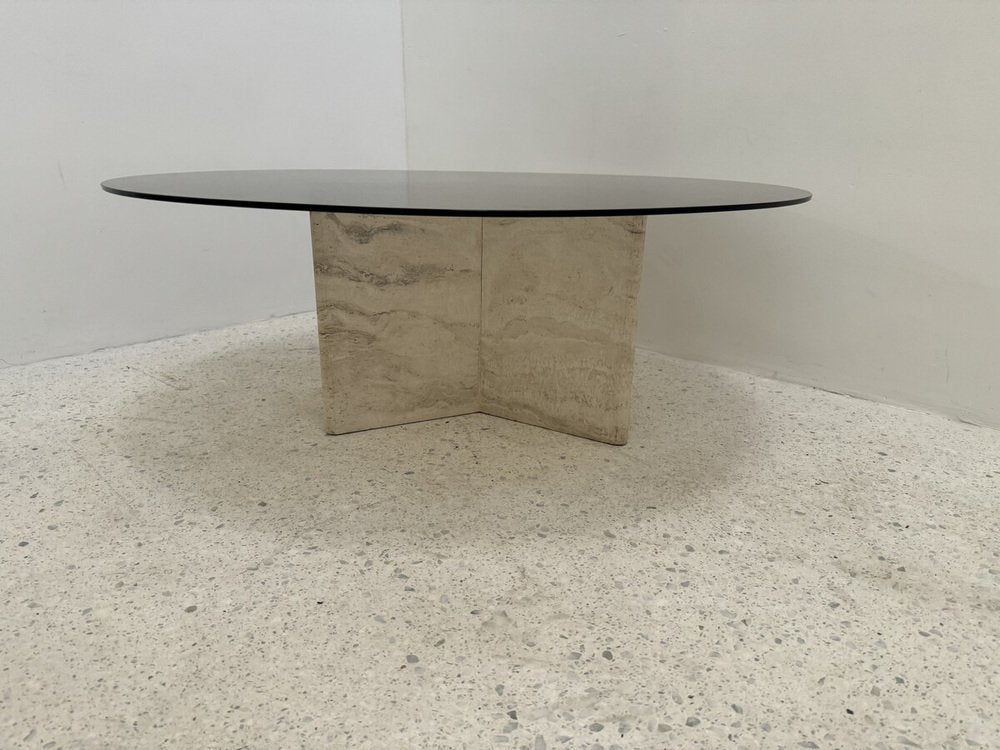 Travertine and Smoked Glass Side Table, Italy, 1980s