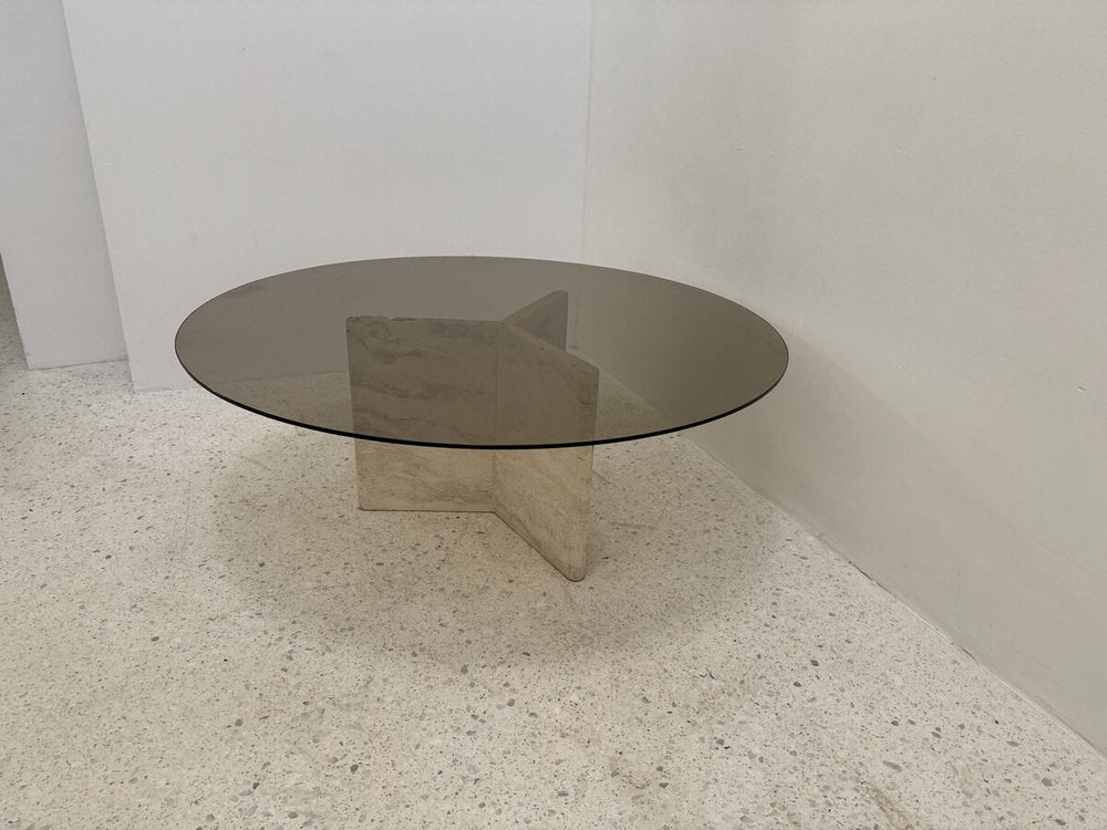 Travertine and Smoked Glass Side Table, Italy, 1980s