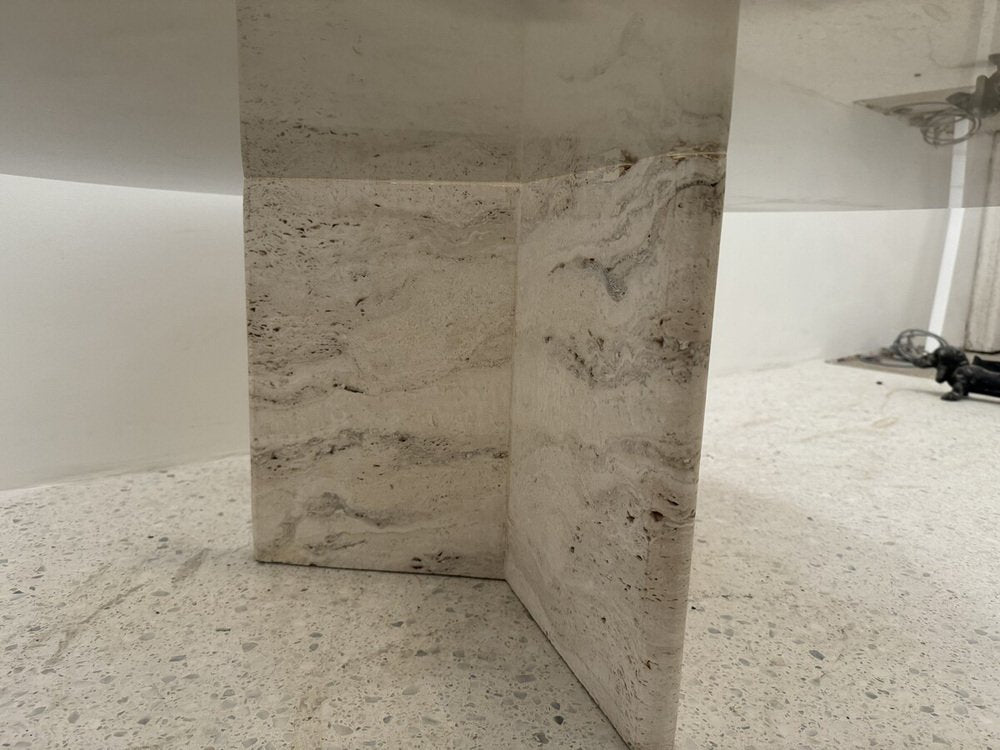 Travertine and Smoked Glass Side Table, Italy, 1980s