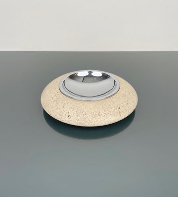 Travertine and Steel Round Ashtray by Marble Art, Italy, 1970s-LYQ-1364876