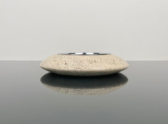 Travertine and Steel Round Ashtray by Marble Art, Italy, 1970s-LYQ-1364876