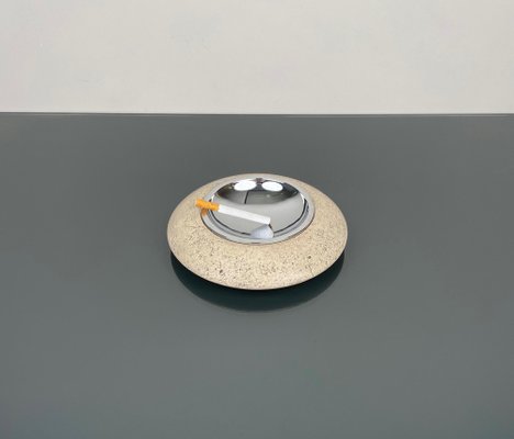 Travertine and Steel Round Ashtray by Marble Art, Italy, 1970s-LYQ-1364876