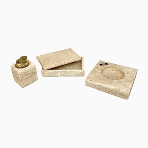 Travertine Ashtray Lighter & Box Tobacco Set by Cerri Nestore, Italy, 1970s, Set of 3-LYQ-1171568