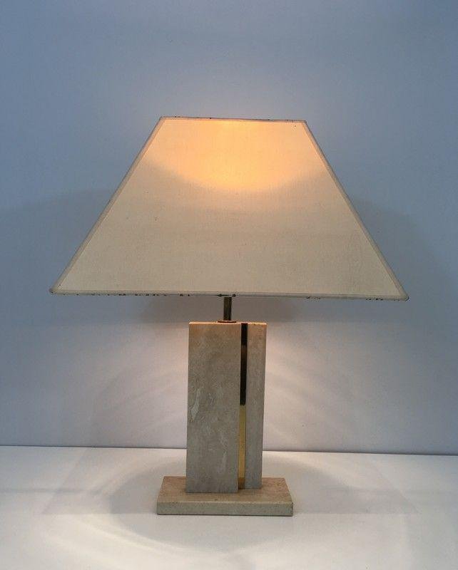 Travertine & Brass Table Lamp with Original Lampshade