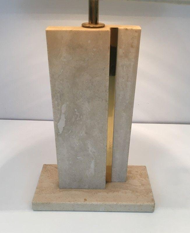 Travertine & Brass Table Lamp with Original Lampshade