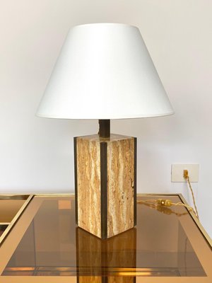 Travertine Walnut & Brass Table Lamp, Italy, 1970s-LYQ-1171517