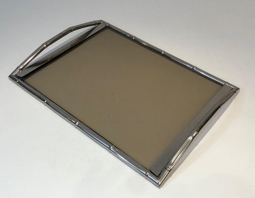 Tray in Faux Bamboo, Chrome and Smoked Glass, French, 1970s-BA-803690