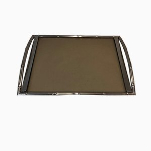 Tray in Faux Bamboo, Chrome and Smoked Glass, French, 1970s-BA-803690