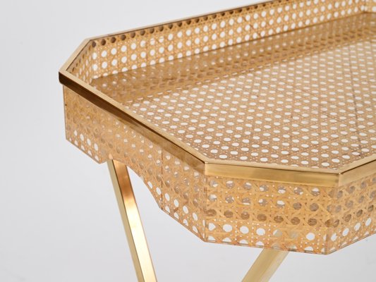 Tray Side Table in Gold Brass, Acrylic Glass & Vienna Straw from Christian Dior, Italy, 1970s-JDR-2032987