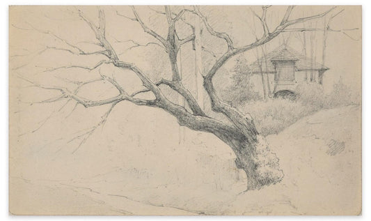 Tree and House - Charcoal by E.-L. Minet - Early 1900 Early 20th Century