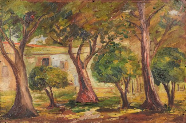 Trees and Building, Early 20th Century, Oil on Board-AOI-1106892