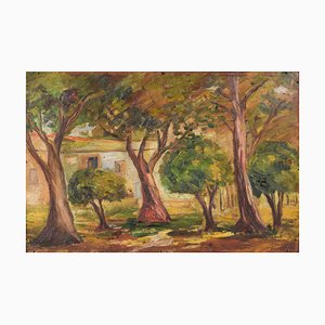 Trees and Building, Early 20th Century, Oil on Board-AOI-1106892