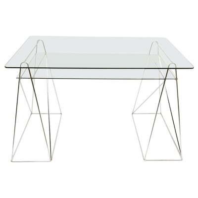 Trestle Leg Console Table / Desk With Two-Tiered Glass Top-UCH-1224696