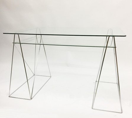 Trestle Leg Console Table / Desk With Two-Tiered Glass Top-UCH-1224696