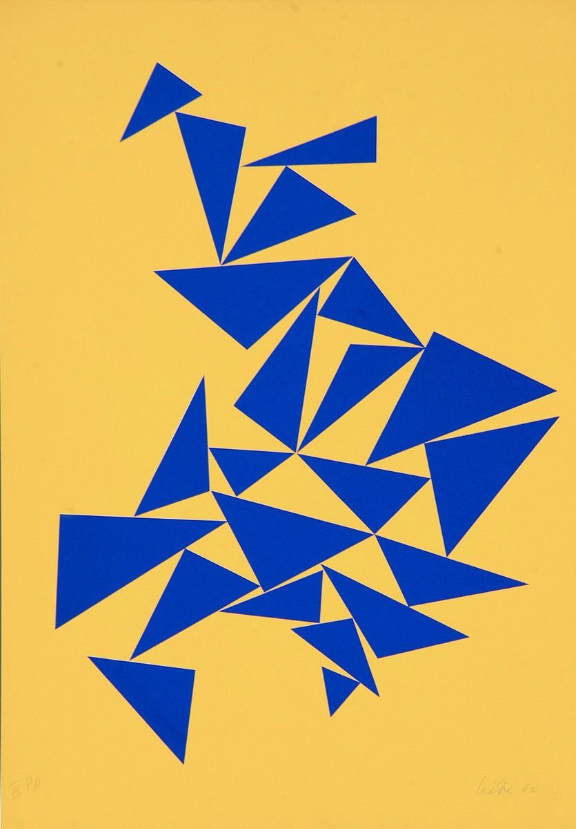 Triangles on Yellow - Original Screen Print by Lia Drei - 1970 ca. 1970 ca.