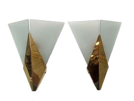 Triangular Glass & Brass Sconces from Hustadt, Germany, 1970s, Set of 2-WZZ-1816444