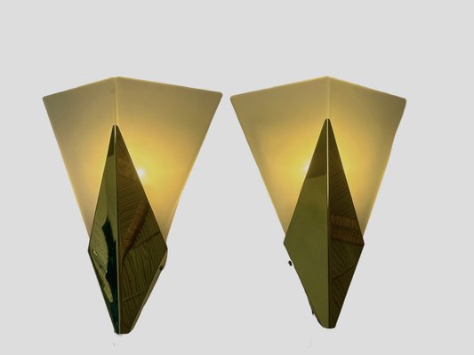 Triangular Glass & Brass Sconces from Hustadt, Germany, 1970s, Set of 2-WZZ-1816444