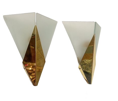 Triangular Glass & Brass Sconces from Hustadt, Germany, 1970s, Set of 2-WZZ-1816444