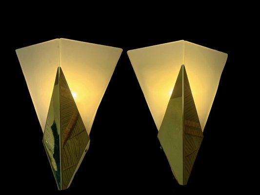 Triangular Glass & Brass Sconces from Hustadt, Germany, 1970s, Set of 2-WZZ-1816444