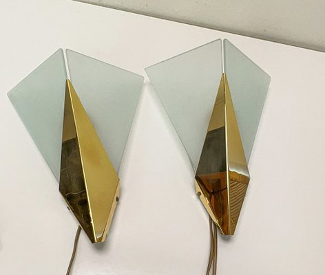 Triangular Glass & Brass Sconces from Hustadt, Germany, 1970s, Set of 2-WZZ-1816444