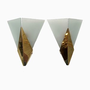 Triangular Glass & Brass Sconces from Hustadt, Germany, 1970s, Set of 2-WZZ-1816444