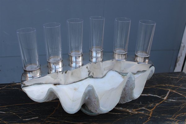 Tridacna Champagne Tray Oysters in Crystal Glasses by Gabriella Binazzi, 1970s-EH-1722708