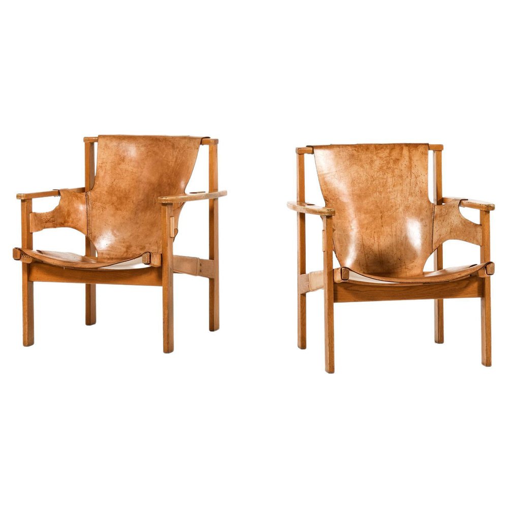 Trienna Easy Chairs in Oak & Original Leather attributed to Carl-Axel Acking, 1957, Set of 2