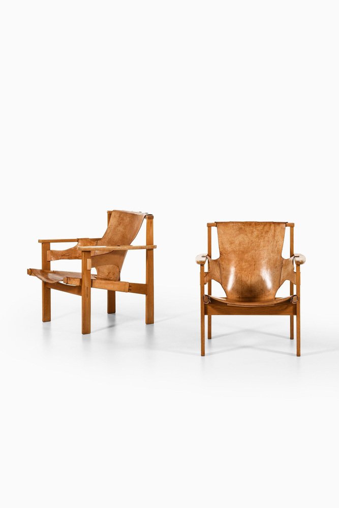 Trienna Easy Chairs in Oak & Original Leather attributed to Carl-Axel Acking, 1957, Set of 2