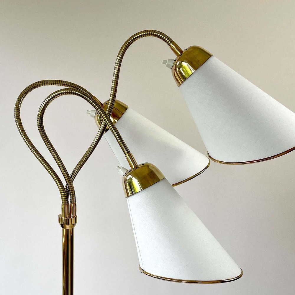 Triple Gooseneck Brass & Off White Fabric Floor Lamp, Sweden, 1950s