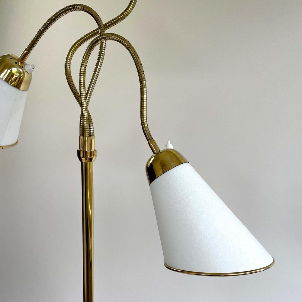 Triple Gooseneck Brass & Off White Fabric Floor Lamp, Sweden, 1950s