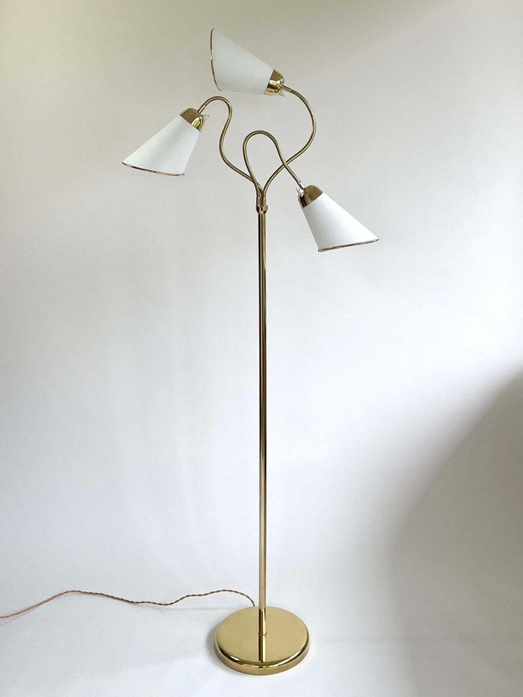 Triple Gooseneck Brass & Off White Fabric Floor Lamp, Sweden, 1950s