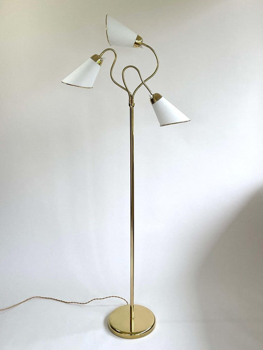 Triple Gooseneck Brass & Off White Fabric Floor Lamp, Sweden, 1950s