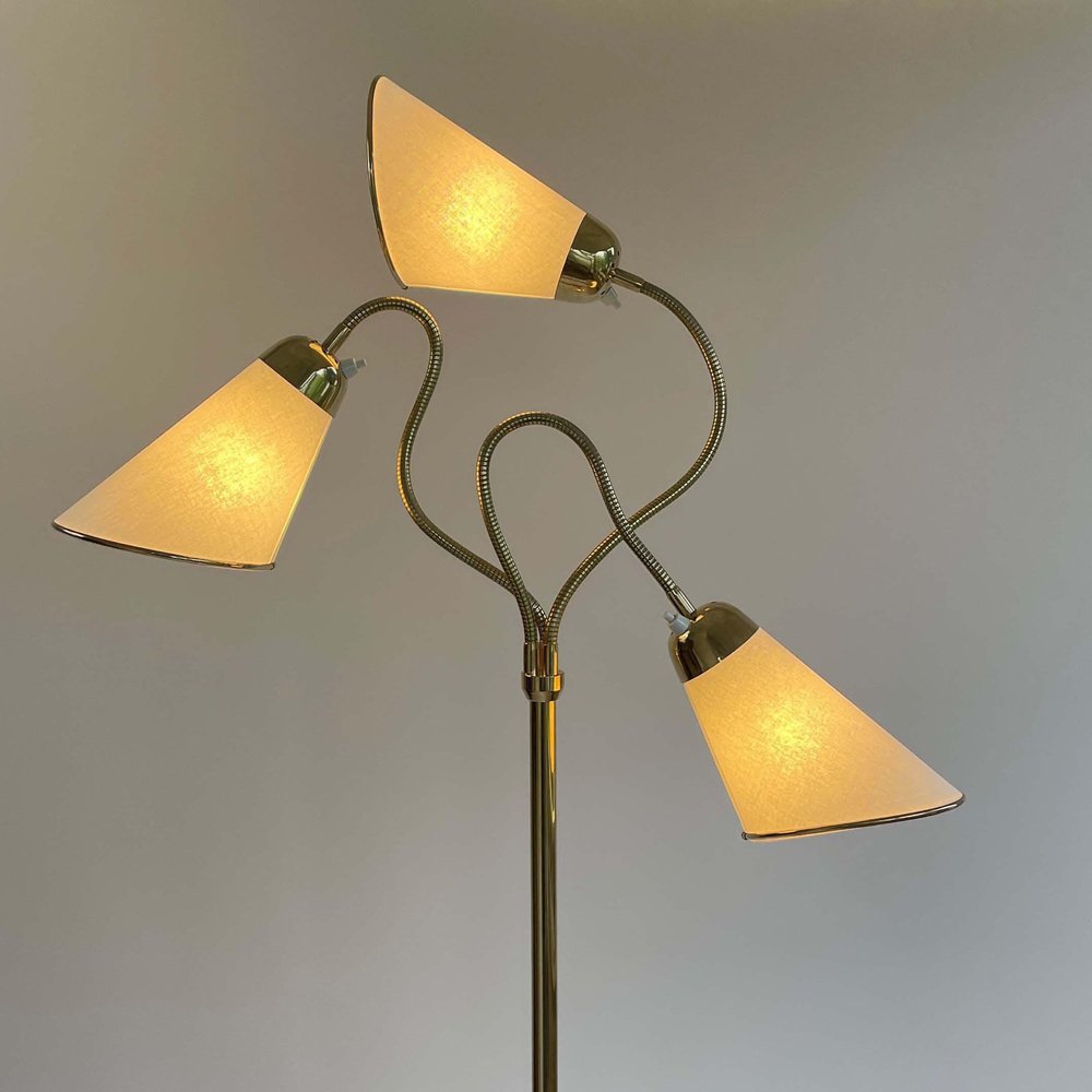 Triple Gooseneck Brass & Off White Fabric Floor Lamp, Sweden, 1950s