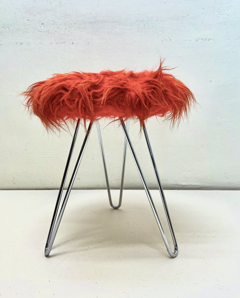 Tripod Fluffy Stool on Chromed Steel Hairpin Legs, 1950s