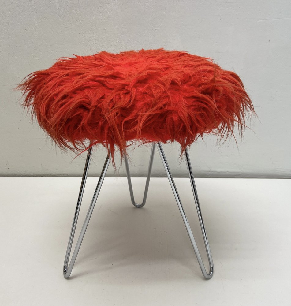 Tripod Fluffy Stool on Chromed Steel Hairpin Legs, 1950s