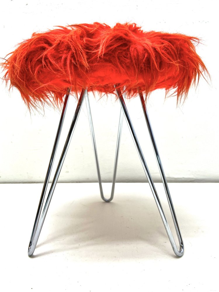 Tripod Fluffy Stool on Chromed Steel Hairpin Legs, 1950s