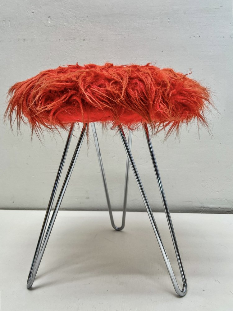 Tripod Fluffy Stool on Chromed Steel Hairpin Legs, 1950s