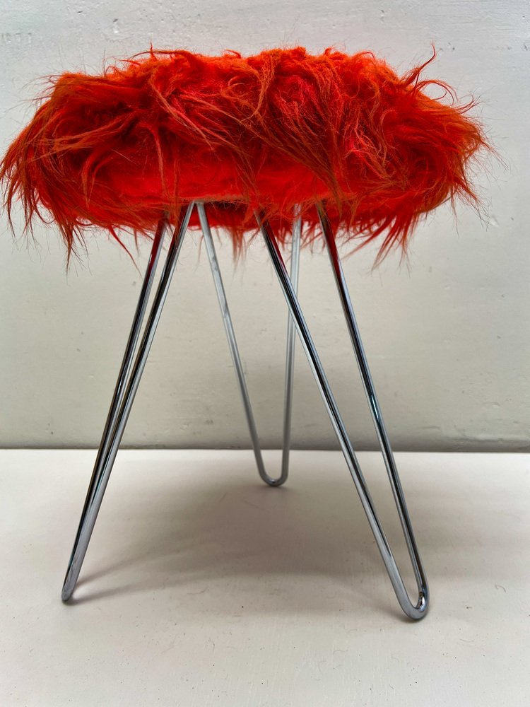 Tripod Fluffy Stool on Chromed Steel Hairpin Legs, 1950s