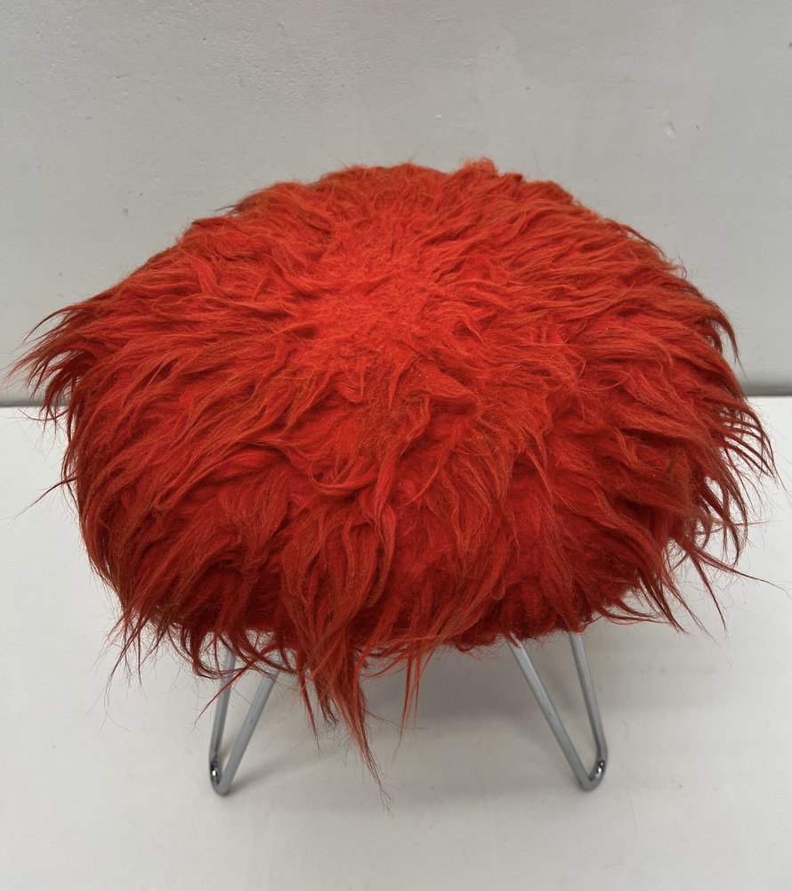 Tripod Fluffy Stool on Chromed Steel Hairpin Legs, 1950s