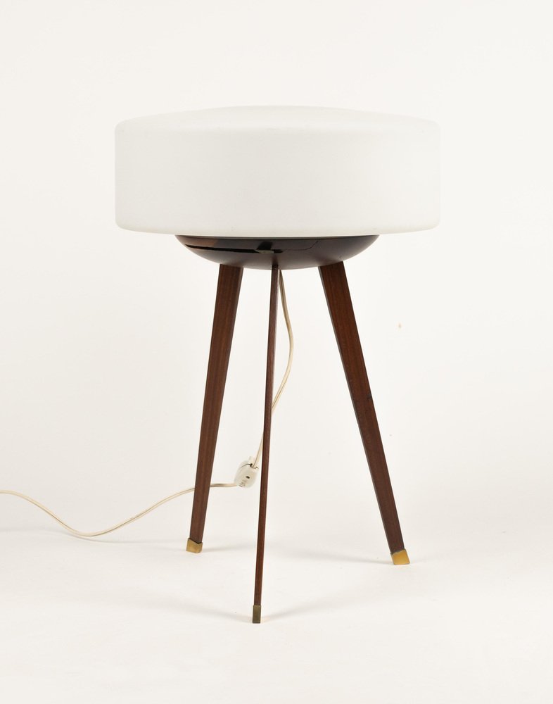 Tripod Table Lamp in Teak, Opaline Glass and Brass in the style of Stilnovo, Italy, 1960s