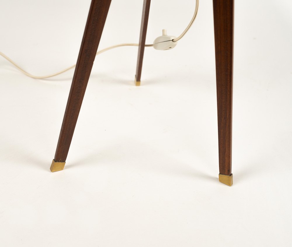 Tripod Table Lamp in Teak, Opaline Glass and Brass in the style of Stilnovo, Italy, 1960s